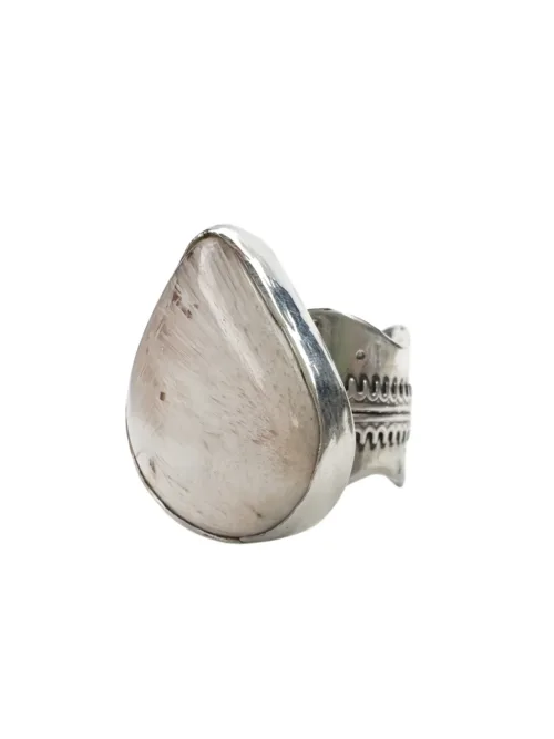 feature ring with large Scolecite gemstone and wide curve band steling silver ring-handmade boho style