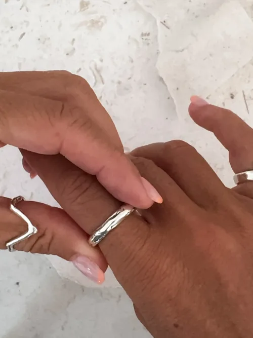 molten texture surface sterling silver ring band. Great for stacking. ocean safe safe. Handmade in Sydney Australia