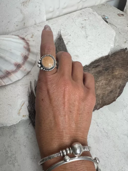 handmade sterling silver fossilised coral ring. inspired by the ocean. Unique jewellery