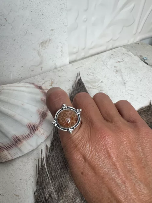 handmade sterling silver fossilised coral ring. inspired by the ocean. Unique jewellery