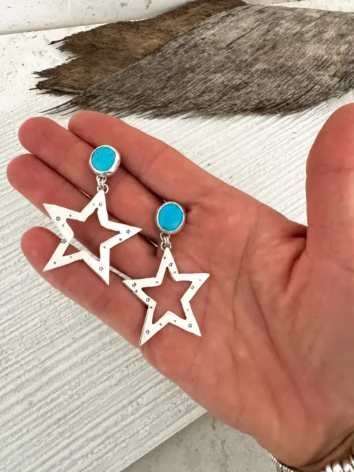 turquoise stud earrings with larger sterling silver star dangles - handmade by Rico Designs Silver Jewellery