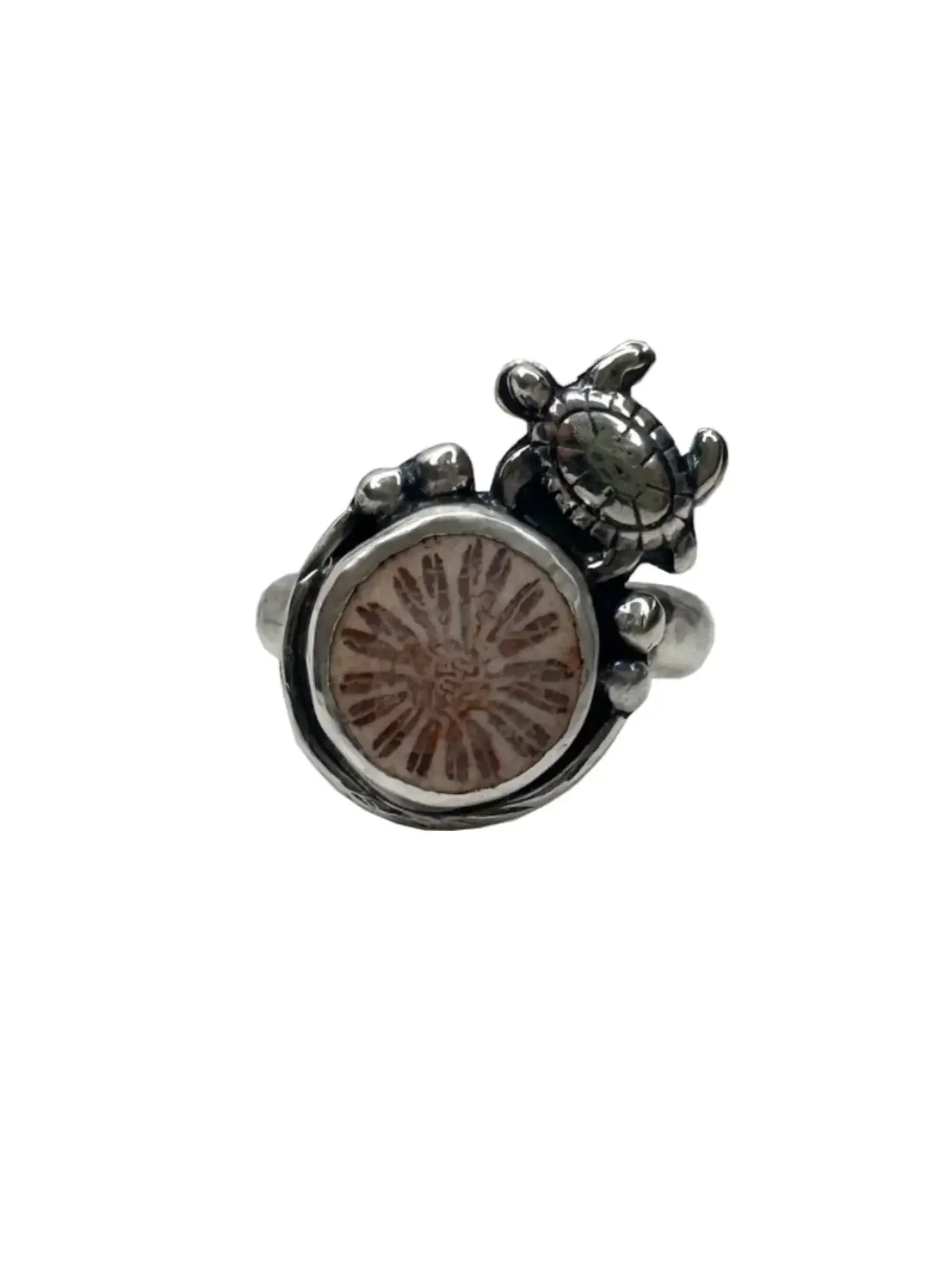 handmade sterling silver fossilised coral ring. with sterling silver sea turtle. Inspired by the ocean. Unique jewellery