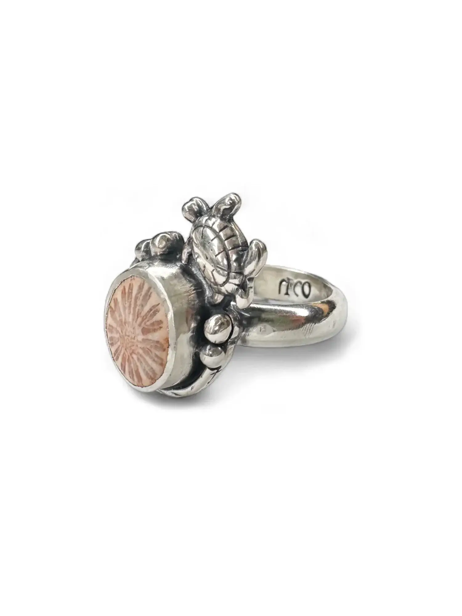 handmade sterling silver fossilised coral ring. with sterling silver sea turtle. Inspired by the ocean. Unique jewellery