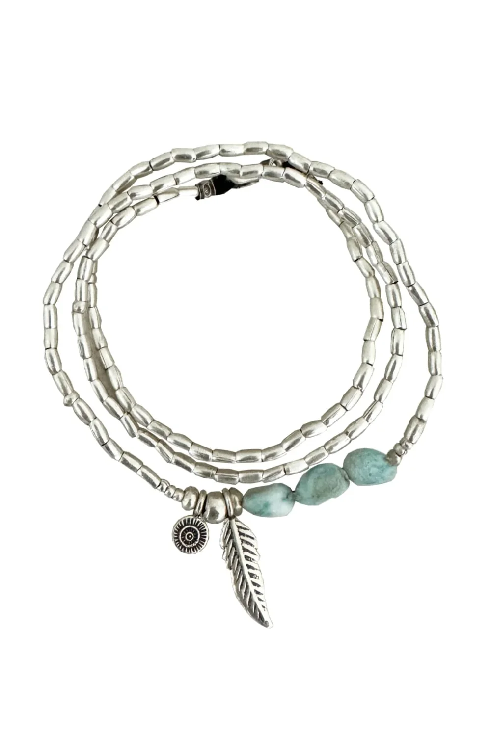 ocean inspired silver jewellery. Pure silver wrap bracelet with silver feather charm and larimar gemstones - for a beach vibes look- water safe for everyday wear. 3 styles in 1