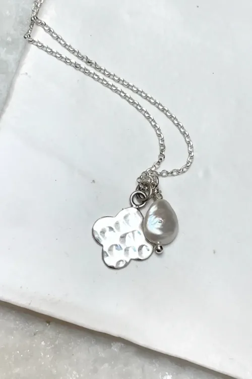 sterling silver necklace with clover pendant and freshwater pearl handmade and ocean safe