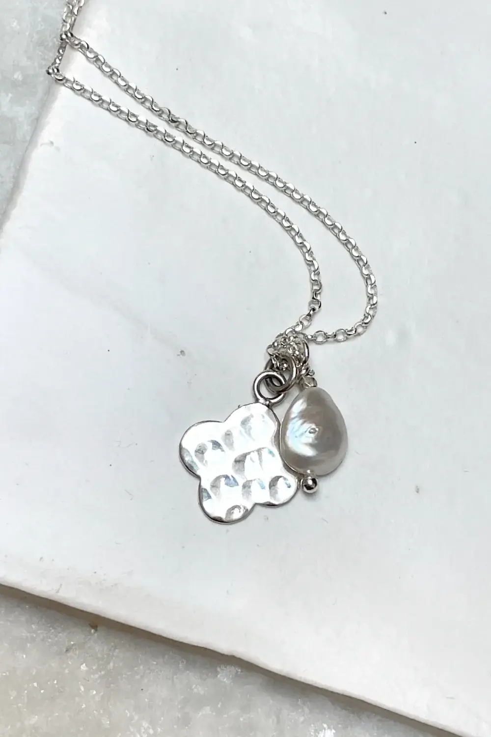 sterling silver necklace with clover pendant and freshwater pearl handmade and ocean safe