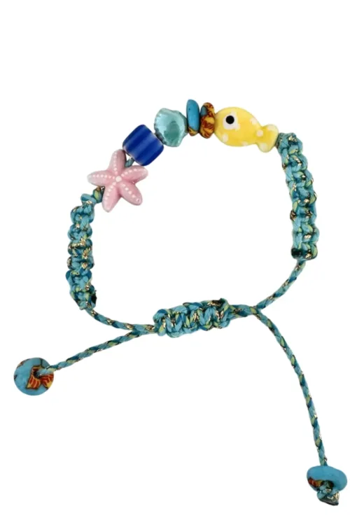 fish macrame bracelet adjustable colourful blue cord. perfect to add colour to a bracelet stack this summer.