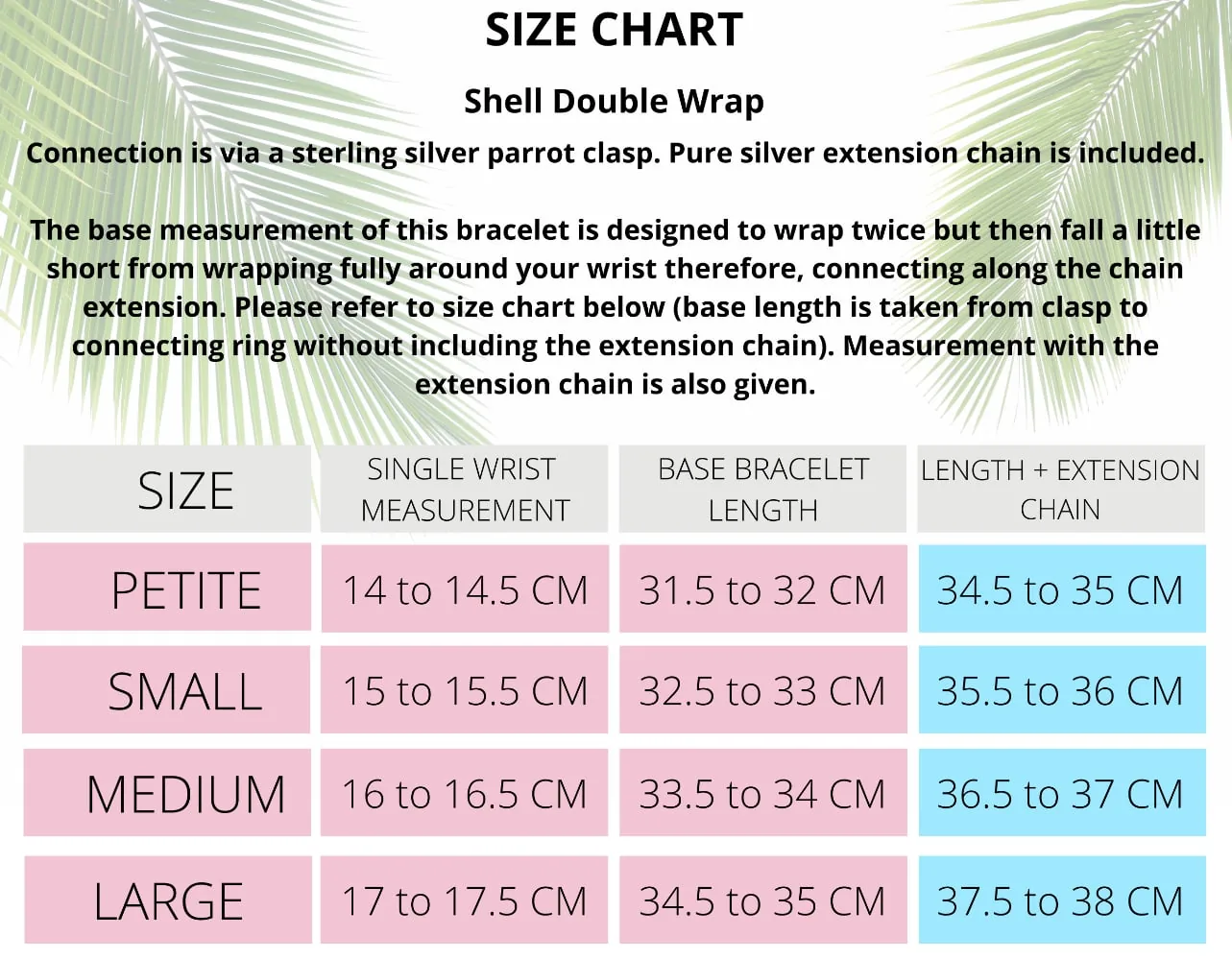 handmade silver jewellery bracelet size chart