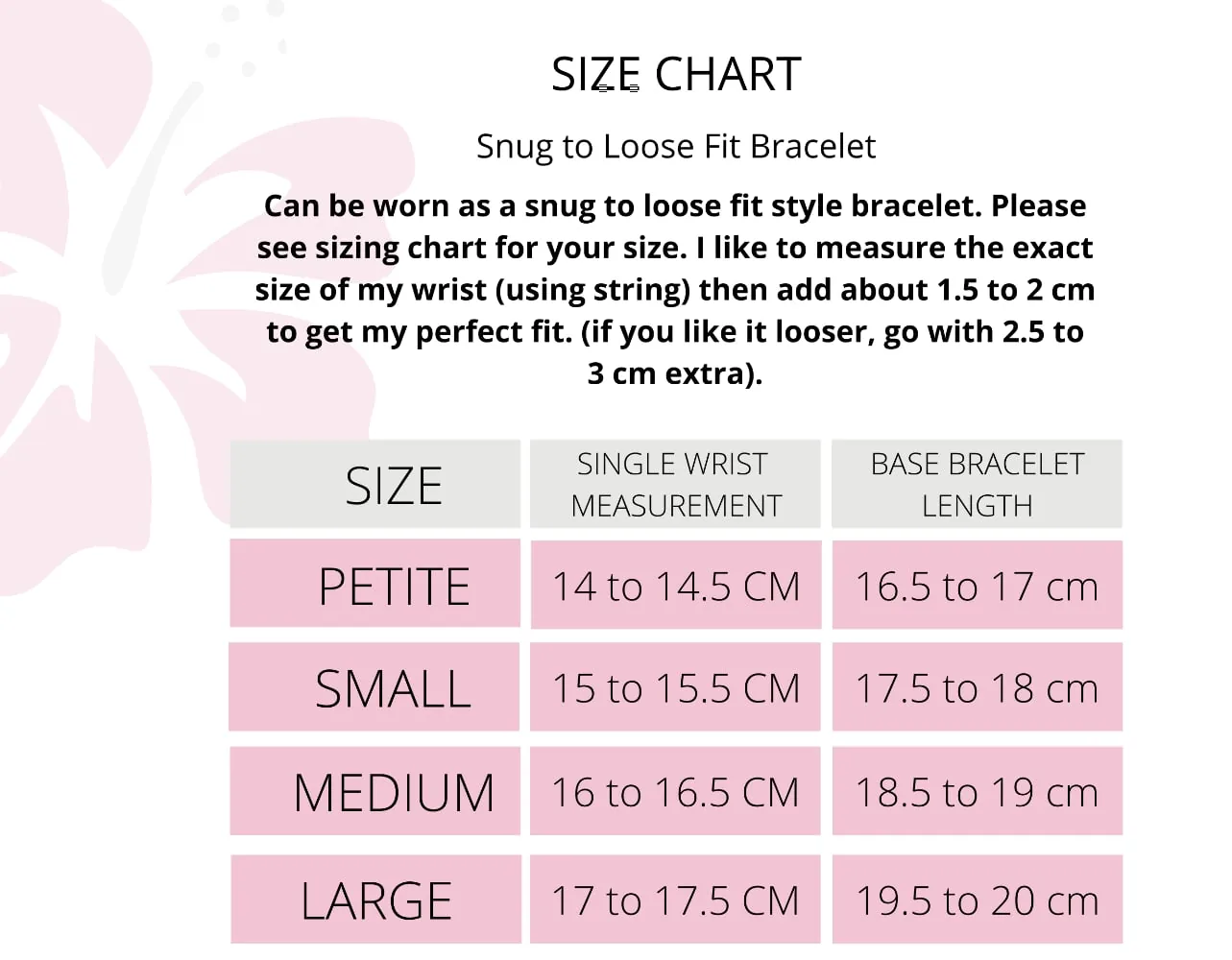 handmade silver jewellery bracelet size chart