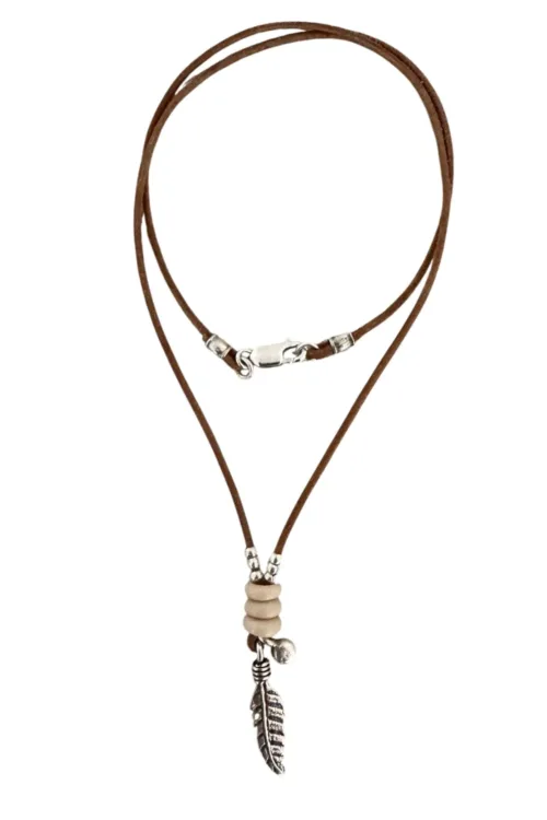 boho style leather necklace with silver feather and shell minimal style