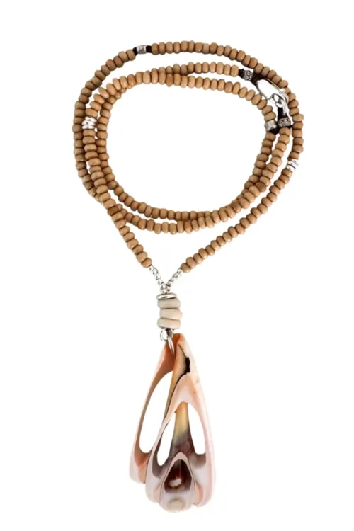 shell pendant on wood beaded chain medium length necklace boho beach style necklace