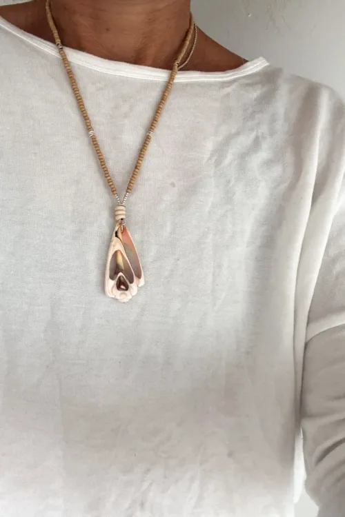 island girl tonal texture wooden shell necklace handmade jewellery