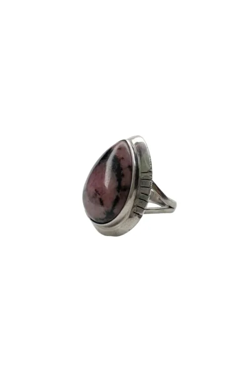 pink rhodonite gemstone ring with silver split shank. Bohemian style silver ring