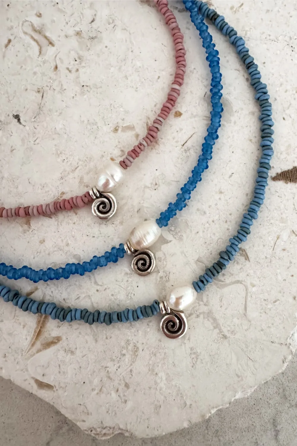 short style heishi bead necklace handmade colour options dusty rose translucent marine blue turquoise blue