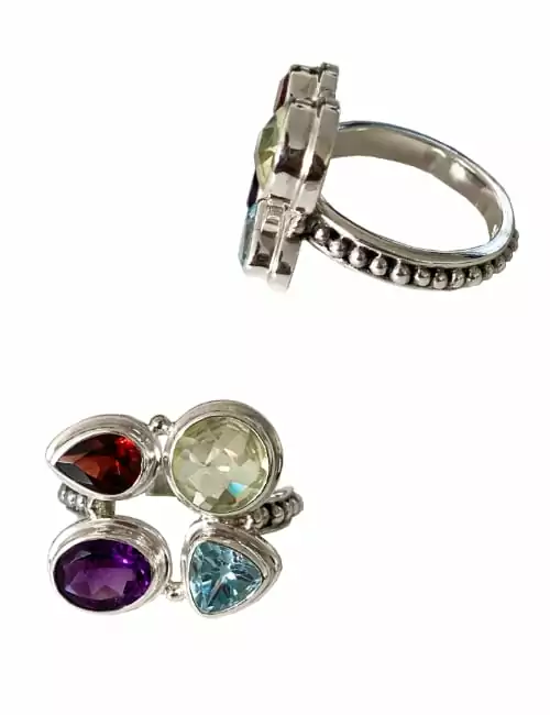 sterling silver ring with 4 gemstones