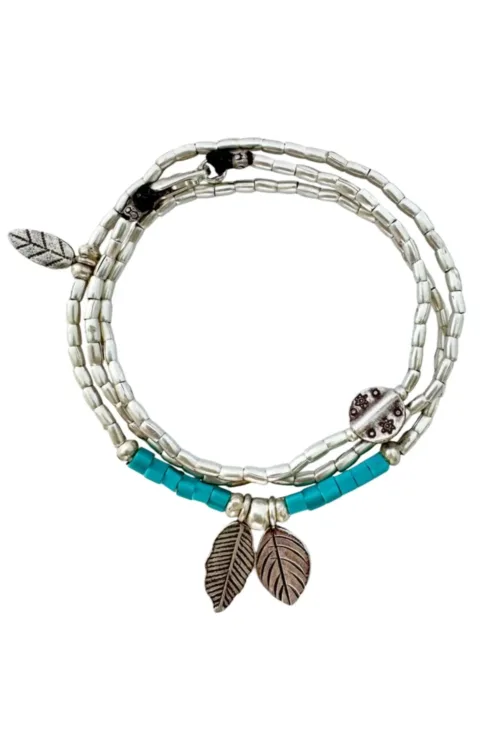 bohemian style silver jewellery. sterling silver wrap bracelet with 2 leaf charms - water safe for everyday wear. 3 styles in 1