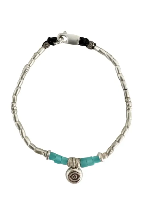 protection charm pure silver women's bracelet with blue seed bead. tug proof for active mums, ocean safe