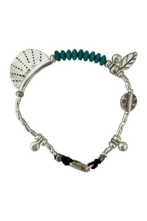 bohemian style silver jewellery. Pure silver bracelet with silver crescent disc and turquoise gemstone - for a beach vibes look- water safe for everyday wear. tug proof-perfect for mum life