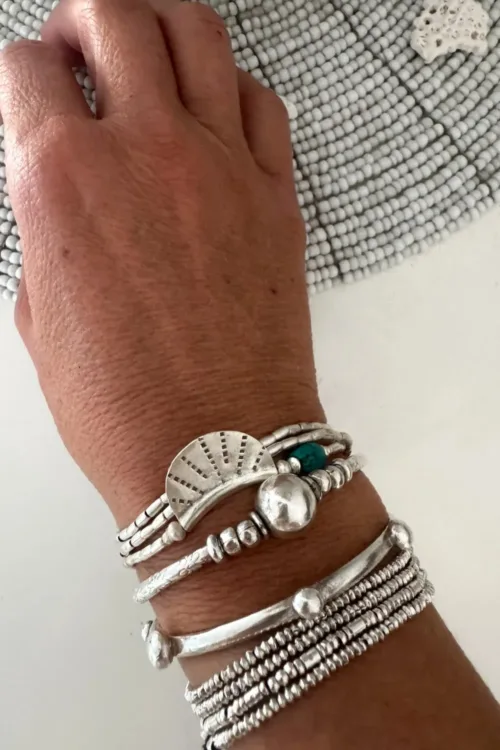 bohemian style silver jewellery. Pure silver wrap bracelet with silver crescent disc and turquoise gemstone - for a beach vibes look- water safe for everyday wear. 3 styles in 1