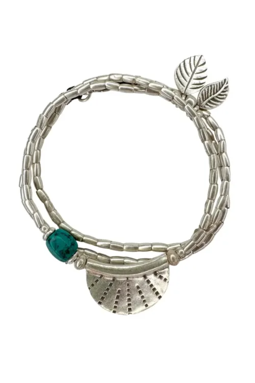 bohemian style silver jewellery. Pure silver wrap bracelet with silver crescent disc and turquoise gemstone - for a beach vibes look- water safe for everyday wear. 3 styles in 1