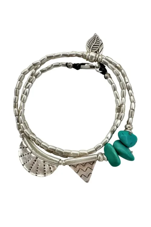 bohemian style silver jewellery. Pure silver wrap bracelet with silver crescent disc and turquoise gemstone - for a beach vibes look- water safe for everyday wear. 3 styles in 1