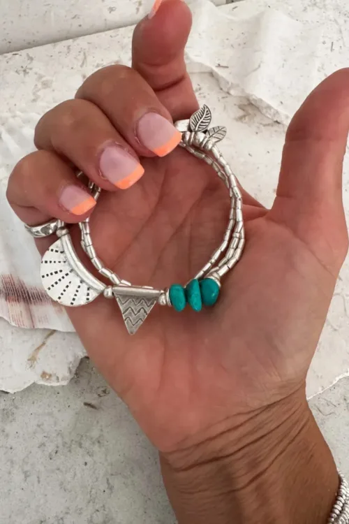bohemian style silver jewellery. Pure silver wrap bracelet with silver crescent disc and turquoise gemstone - for a beach vibes look- water safe for everyday wear. 3 styles in 1