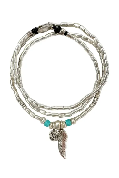 bohemian style silver jewellery. Pure silver wrap bracelet with silver feather and turquoise seed bead - for a beach vibes look- water safe for everyday wear. 3 styles in 1.
