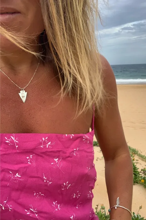 arrowhead silver pendant with crystal quartz wand on sterling silver chain necklace ocean safe