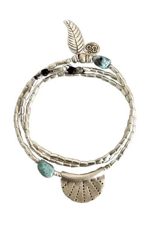 ocean inspired silver jewellery. Pure silver wrap bracelet with silver crescent disc and larimar gemstone - for a beach vibes look- water safe for everyday wear. 3 styles in 1