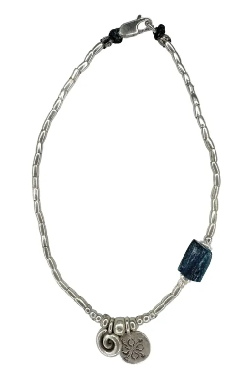 boho luxe pure silver anklet with blue ancient glass bead and silver charms. Everyday staple jewellery - designed to wear everyday. Ocean safe