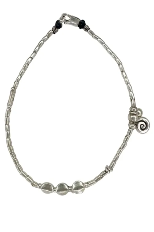 boho luxe pure silver anklet with silver spiral charm. Everyday staple jewellery - designed to wear everyday. Ocean safe