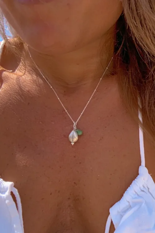 handmade cowrie shell pendant necklace on sterling silver chain ocean safe