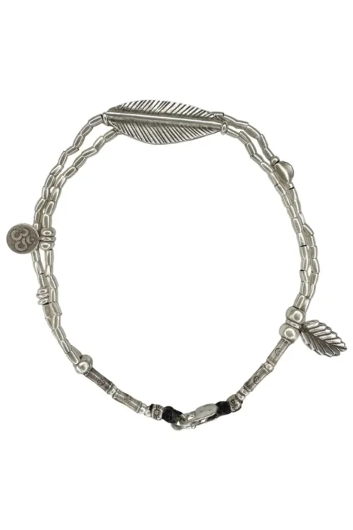 double strand pure silver anklet with large silver leaf and om charm. Ocean safe