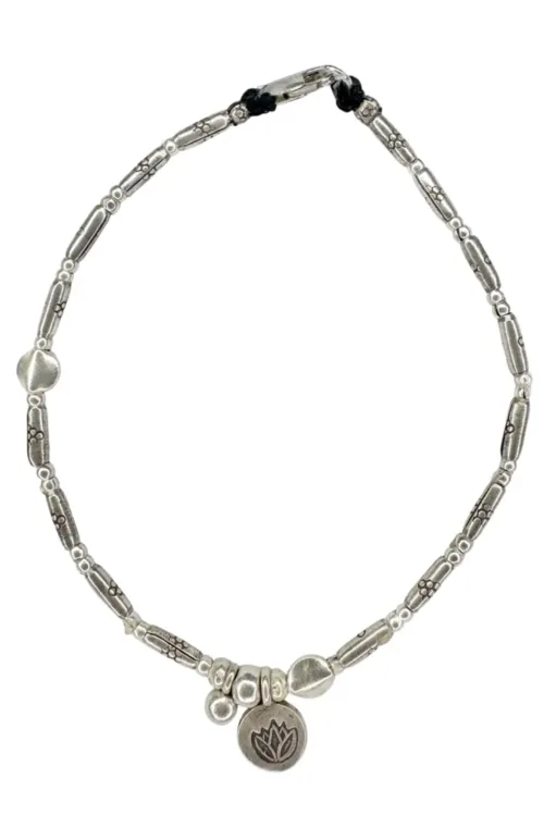 boho luxe pure silver anklet with silver lotus flower charm. Everyday staple jewellery - designed to wear everyday. Ocean safe