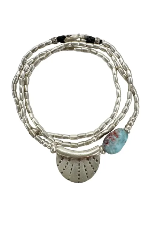 boho style handmade silver jewellery. Pure silver silver wrap bracelet with silver crescent disc and Larimar gemstone - for a boho/beach vibes look- water safe for everyday wear. 3 styles in 1