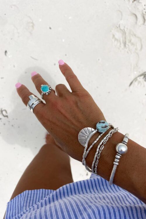 boho style handmade silver jewellery. Pure silver silver wrap bracelet with silver crescent disc and Larimar gemstone - for a boho/beach vibes look- water safe for everyday wear. 3 styles in 1