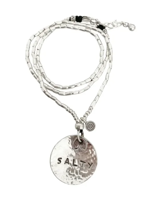 Large hand cut sterling silver disc necklace with hand stamped salty. ocean inspired jewellery ocean safe and tug proof for active mum like.