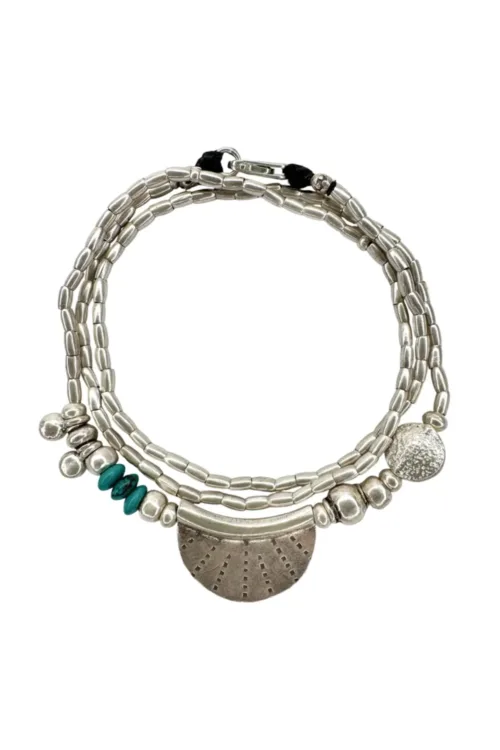 bohemian style silver jewellery. Pure silver wrap bracelet with silver crescent disc and turquoise gemstone - for a beach vibes look- water safe for everyday wear. 3 styles in 1