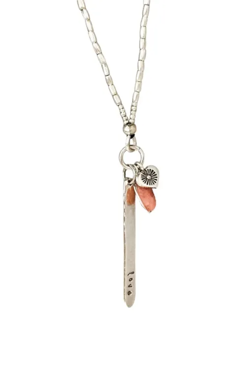 love hand stamped silver stick pendant long pure silver long necklace with pink opal. ocean safe safe