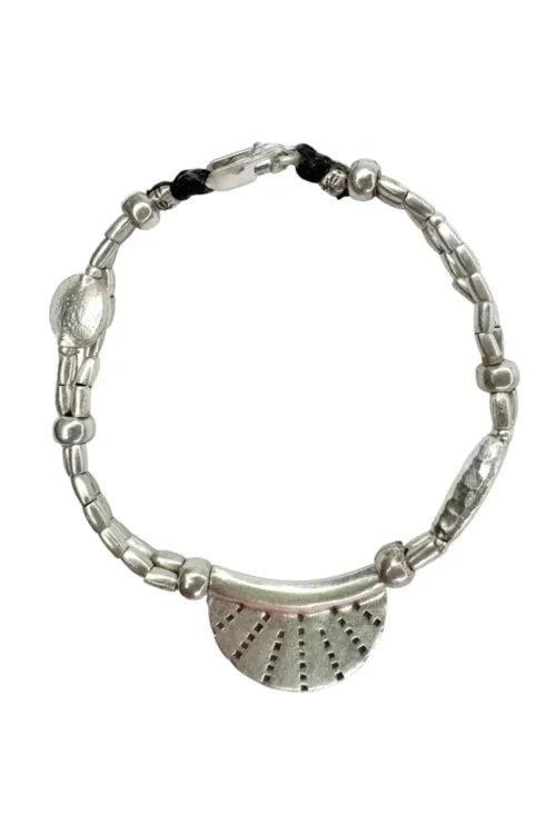 2 strand pure silver bracelet with silver crescent disc. Boho inspired - looks great on its own or styled in a bracelet stack. Ocean Safe and perfect for everyday wear