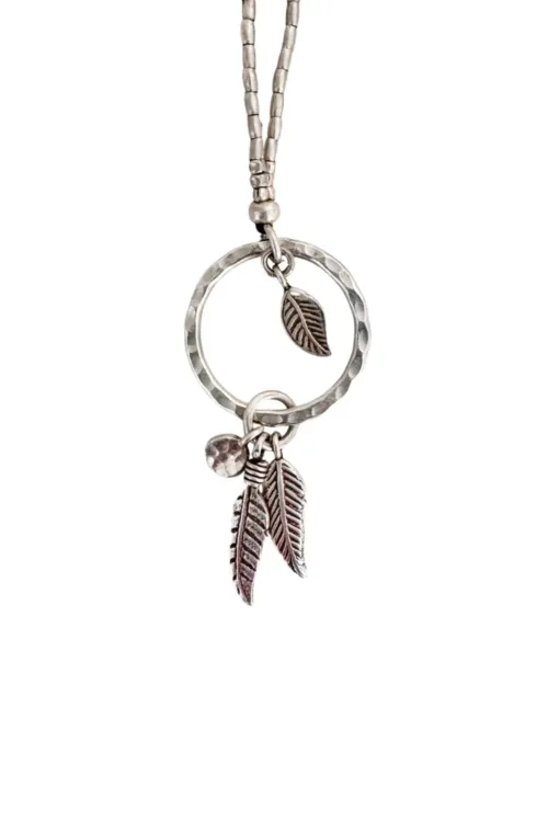 long silver necklace pure silver seed chain with large ring and silver feather tassel bohemian style necklace ocean safe