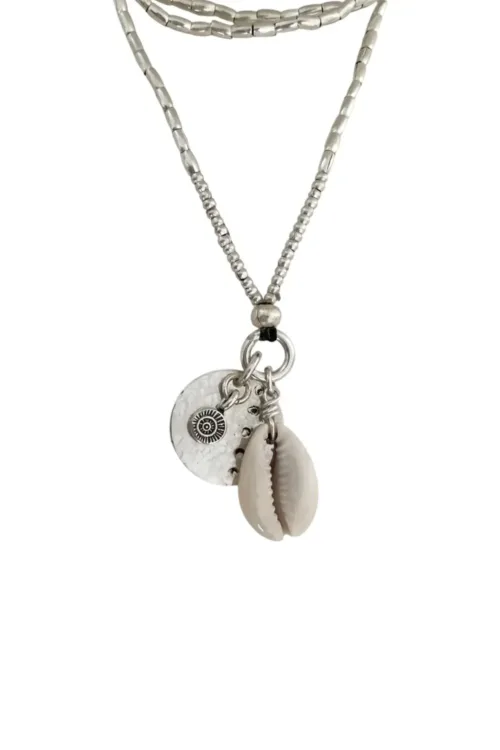 pure silver necklace with hand cut sterling silver round disc pendant and beach inspired cowrie shell pendant. Medium length necklace. beach vibes style. Ocean safe for everyday wear