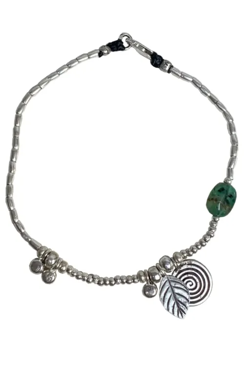 chrysoprase gemstone pure silver anklet with silver charms. Beach inspired jewellery that you can wear everyday. Ocean safe
