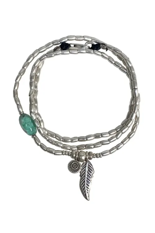 ocean inspired silver jewellery. Pure silver wrap bracelet with silver feather charm and chrysoprase gemstone - for a beach vibes look- water safe for everyday wear. 3 styles in 1. tug proof