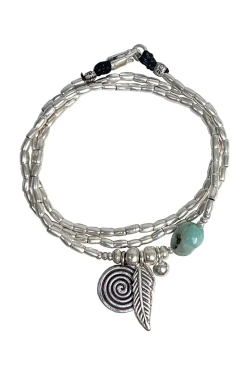 ocean inspired silver jewellery. Pure silver silver wrap bracelet with silver spiral charm and chrysoprase gemstone - for a beach vibes look- water safe for everyday wear. 3 styles in 1