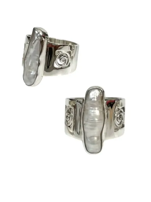 freshwater pearl wide band sterling silver ring. Bohemian style and ocean safe