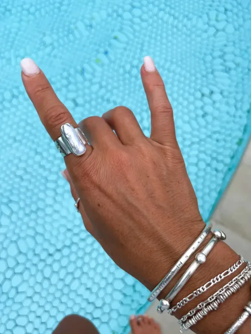 freshwater pearl wide band sterling silver ring. Bohemian style and ocean safe