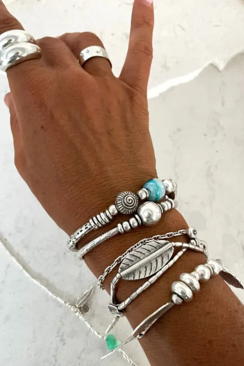 pure silver bracelet with large leaf centre. ocean safe silver jewelry