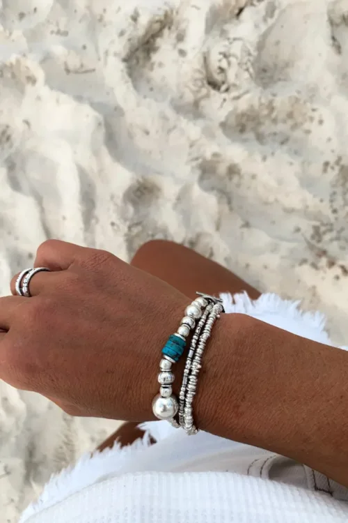 pure silver bracelet with turquoise gemstone. chunky style. the perfect addition to add texture to your bracelet stack. ocean safe silver jewelry