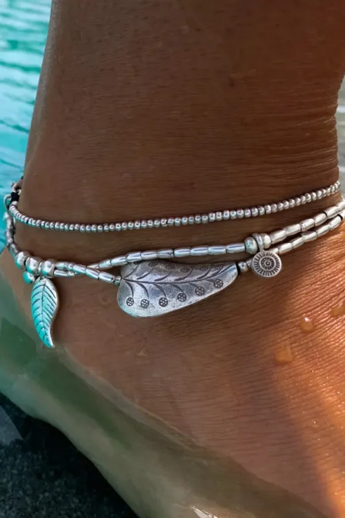 multi strand pure silver anklet with large silver heart bead. Instant anklet stack. ocean safe.